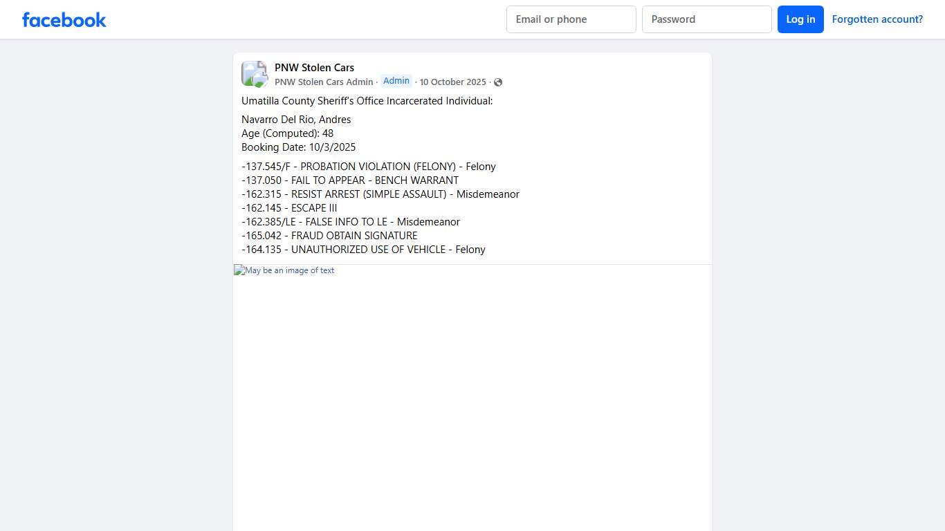 PNW Stolen Cars Umatilla County Sheriff's Office Incarcerated Individual: Facebook